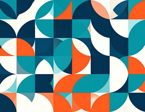 Abstract geometric pattern with colorful circles and squares in retro style.