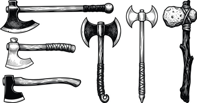 Vintage sketch vector collection of medieval battle axes viking hatchets and primitive stone tool for gaming logos