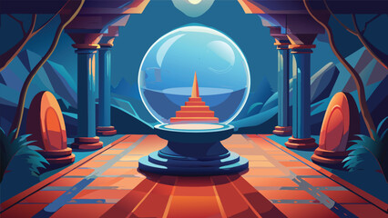 Crystal ball with miniature temple staircase on pedestal staircase pedestal mystical architecture interior esoteric spiritual mysterious mythology monument illustration ethereal sculpture © Joy Dev