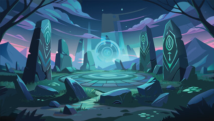 Mystical ancient stone circle ritual site with glowing portal landscape monolith mystical mythology mysterious archaeology monument environment structure ethereal background supernatural © Joy Dev