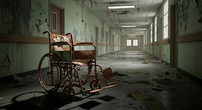 Abandoned wheelchair in a derelict hospital corridor with peeling paint and debris.