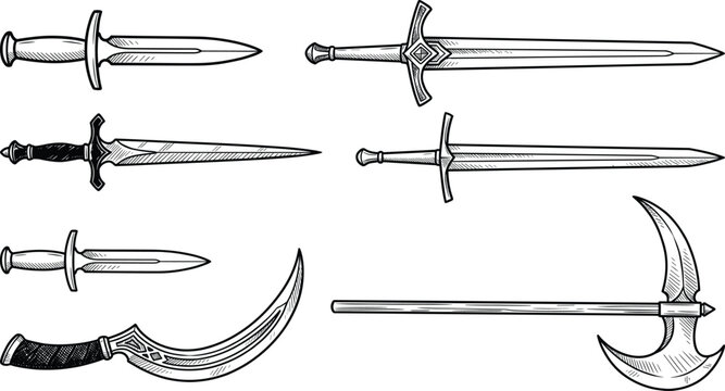 Vintage sketch vector illustration collection of medieval swords daggers and battle axe for fantasy gaming logos