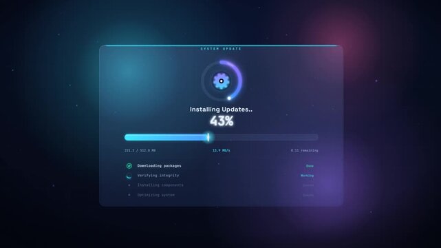 System update loading screen with progress bar filling and installation percentage counter