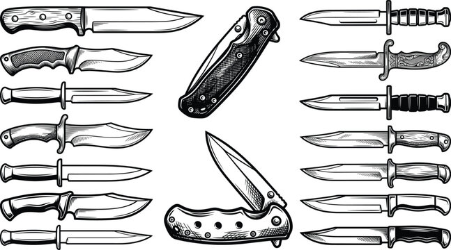 Vintage sketch vector collection of tactical hunting knives and pocket folding knives for outdoor adventure logos