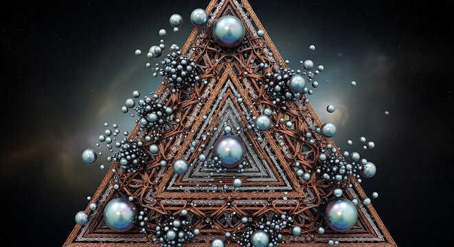 Abstract 3D geometric pyramid with metallic spheres and intricate lattice structure.