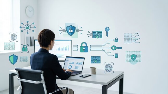 Cybersecurity data protection concept, network security firewall, encryption keys, digital privacy shield, biometric authentication, safe browsing, secure information technology
