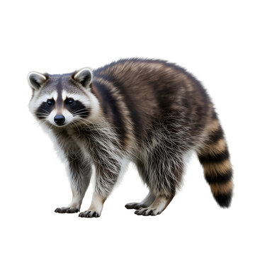 raccoon standing on all fours detailed fur and mask isolated on black