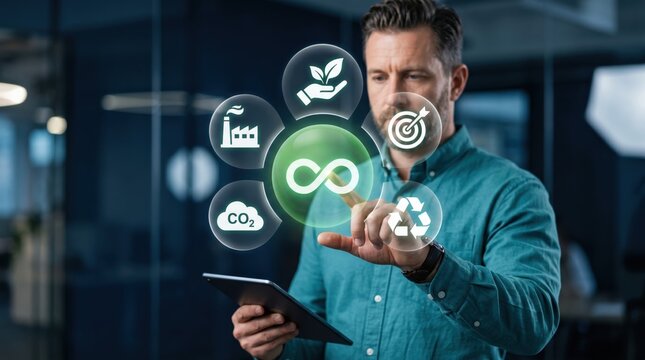 Businessman interacting with holographic sustainability icons, green energy, recycling, and CO2 reduction concepts for corporate social responsibility and environmental strategy