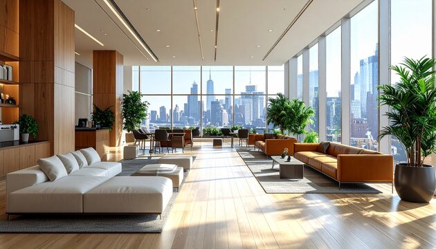 Spacious office lobby lounge with city view and stylish furniture