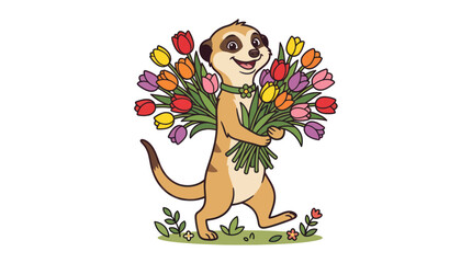 Naklejka premium Happy Meerkat Holding a Large Bouquet of Colorful Tulips, Vector Illustration