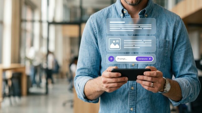 Man holding smartphone with floating AI generation interface showing prompt input and content creation options, representing generative artificial intelligence technology usage