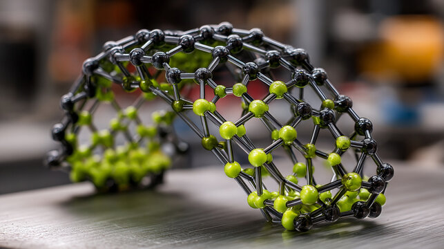 3D printed geometric structure with green sprouting plants on dark surface close-up