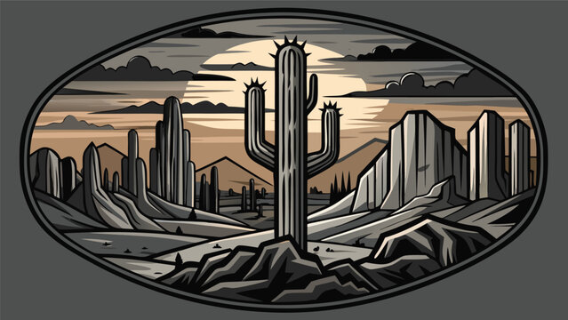 Vintage desert landscape with saguaro cactus in oval frame monochrome style landscape monochrome illustration southwest wilderness mountain outdoors national adventure dramatic engraving