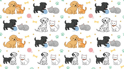 Obraz premium Cute Cats and Dogs Seamless Pattern Featuring Adorable Pets Playing Sleeping and Friendship Cartoon Animal Illustrations