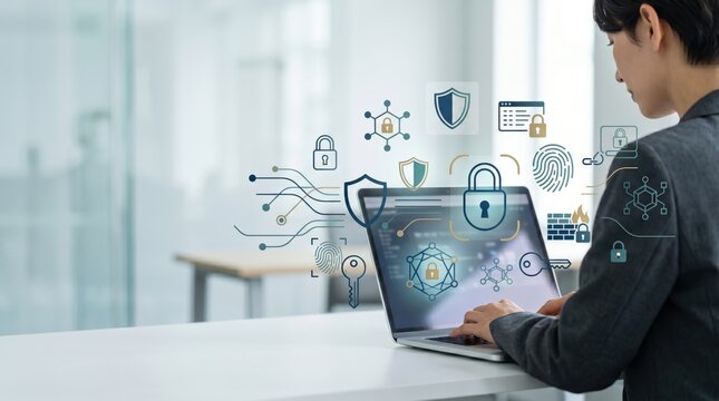 Cybersecurity concept with laptop, digital locks, shields, fingerprints, firewall protection, secure network connection, data privacy, information technology safety for business.
