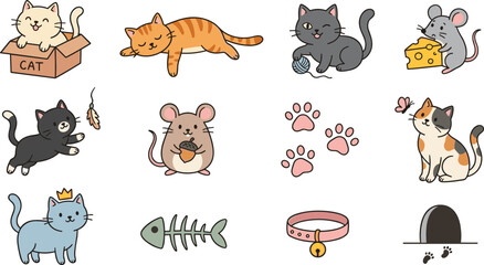Obraz premium Cute Cats and Mouse Collection Featuring Playful Kittens Pet Accessories and Adorable Cartoon Animal Illustrations