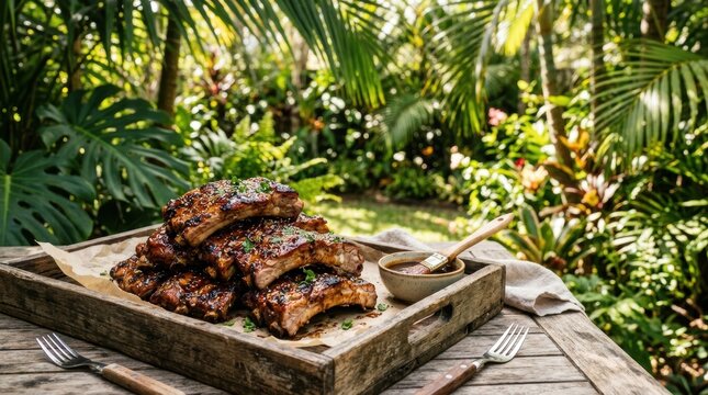 Grilled Ribs on Wooden Tray in Lush Jungle Setting.