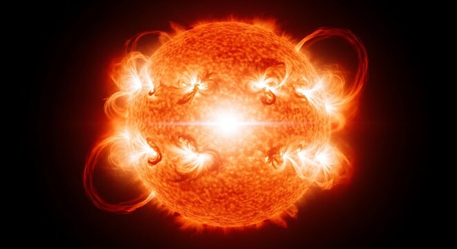 Abstract illustration of a burning sun with massive solar flares and coronal loops in deep space.
