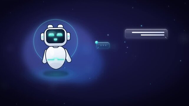 Cute chatbot robot with animated chat bubbles for AI virtual assistant and customer support concept