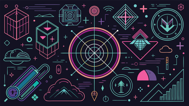 Digital technology UI interface elements with neon grid background interface technology geometric futuristic elements abstract information analysis background communication innovation