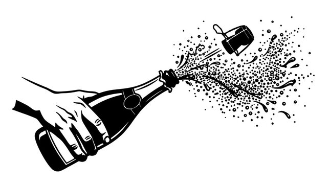 Bottle of Champagne Pouring with Sparkling Foam Splash and Dynamic Motion Lines in a Vintage Monochrome Style