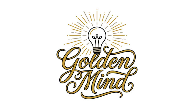 Golden Mind lettering design with lightbulb illustration and sunburst rays.