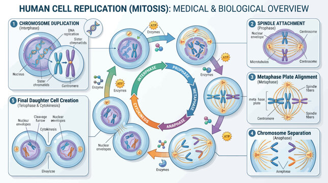 The Ultra-detailed vector medical infographic illustrates cellular mitosis process