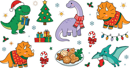 Cute Christmas Dinosaur Collection Featuring Festive T Rex Triceratops Brontosaurus Pterodactyl and Holiday Cartoon Illustrations © Bokul