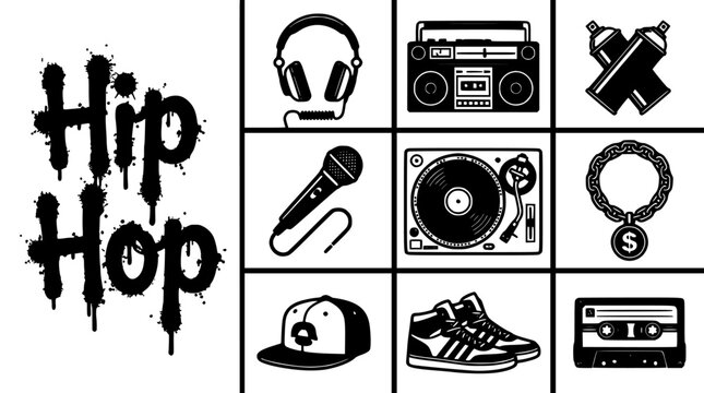 Hip Hop Music Icon Set with Headphones, Turntable, Microphone, Sneaker, and Dj Equipment in Black and White Grid