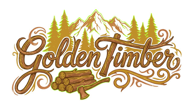 Vintage style Golden Timber typography logo with mountains and logs.