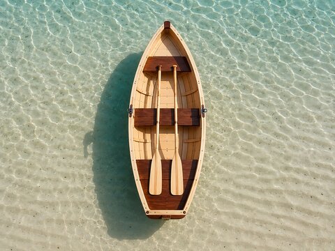 Top-down view of a wooden rowboat with oars in crystal clear water