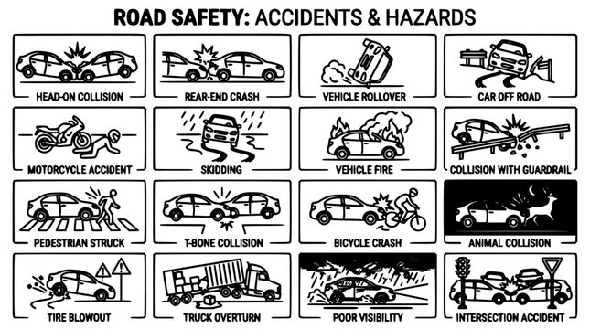 Road Safety Accident and Hazard Line Art Icons Set Showing Collisions, Rollovers, Fire, and Visibility Problems