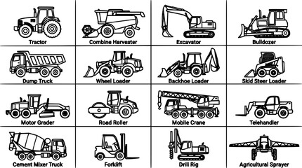 Agricultural Machinery Icons Set with 16 Different Construction and Farm Vehicle Line Drawings on a White Background © BundleNinja