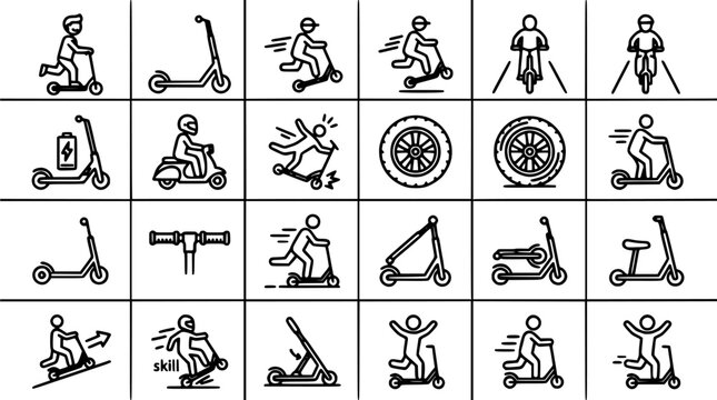 Pedestrian Fitness Line Icons Set with Simple Black and White Workout Poses, Including Cycling, Running and Weight Lifting