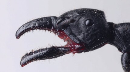 Obraz premium Extreme Close-up of a Solitary Ant's Powerful Mandibles and Head with Detailed Segmentation