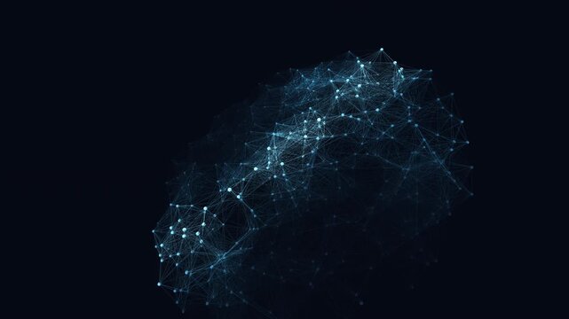 Seamless 4K loop of a glowing glass neural network of disk nodes firing and connecting in a seamless plexus with cinematic depth. Ideal for technology background, futuristic background. 4K UHD.