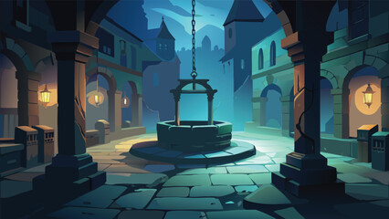 Medieval stone well in ancient city square at night with medieval architecture mysterious cobblestone historical lighting atmosphere mythology structure fountain sculpture heritage © Joy Dev
