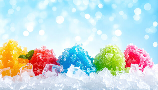 Vibrant shaved ice with colorful syrups and clear ice cubes 2