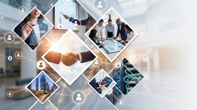 Business network collage with team meeting, handshake deal, city skyline and server technology connected by digital lines for corporate success concept