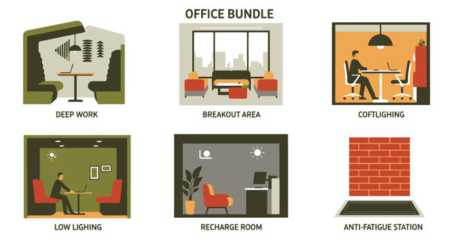 Office Bundle with Various Workspaces and Relaxation Areas.