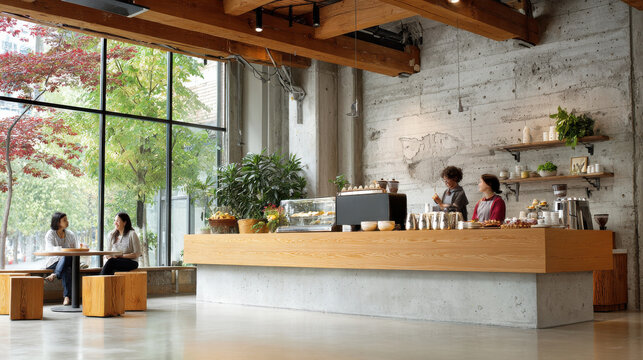 Modern coffee shop interior with wooden counter and large windows showing trees, documentary brand storytelling vibe