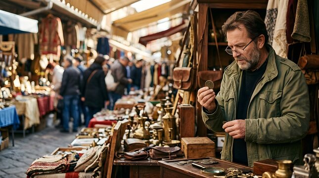 Mature man examining antique coin at busy outdoor street flea market
