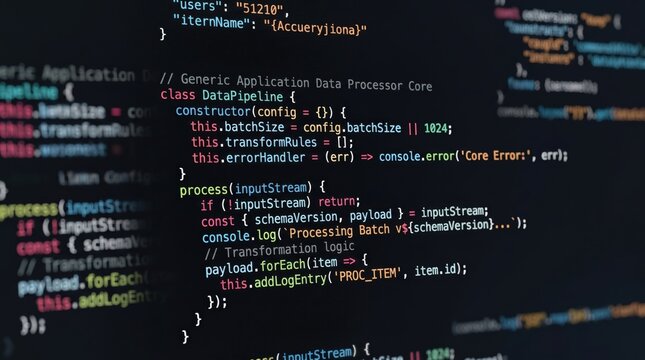 Generic application data processor core code on dark screen, JavaScript programming language syntax, software development, coding