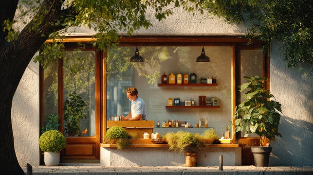 Man shop window plant bottle sunlight interior shelf tree counter display glass natural light retail decoration green wooden