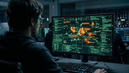 Fototapeta premium Cyber Analyst POV of 3D Holographic Defense System on Curved OLED Monitor