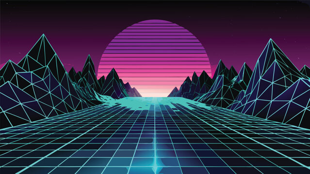 Retro neon wireframe mountains in futuristic synthwave landscape with wireframe mountains synthwave landscape futuristic background vaporwave eighties cyberpunk aesthetic abstract electric