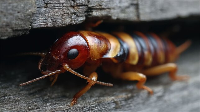 A detailed macro photograph of an earwig with prominent pincers peeking out from a wooden crack in nature