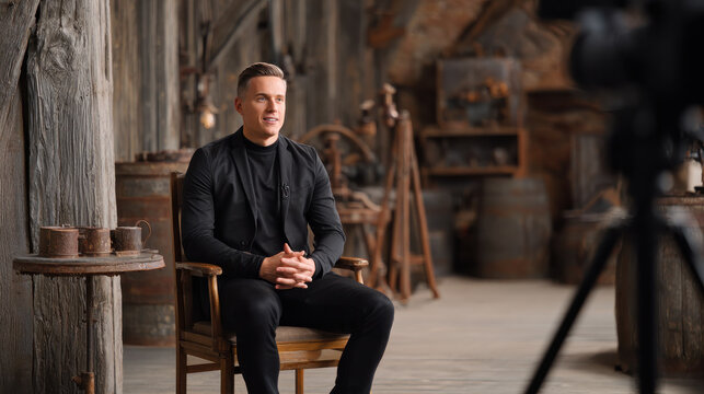 Documentary storytelling brand interview man sitting wooden chair rustic background filming