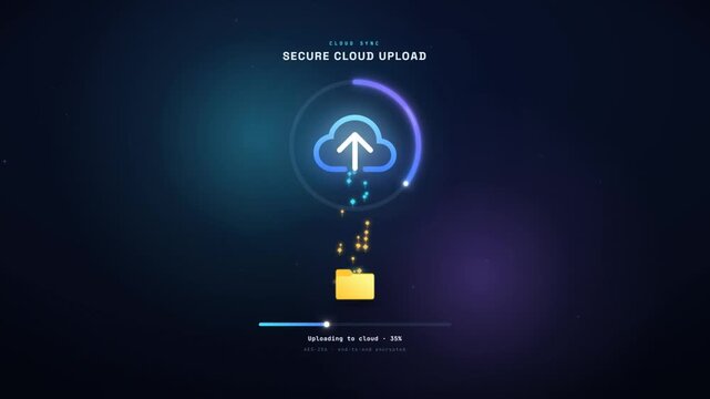 Secure cloud upload animation with data particles and circular progress ring syncing to cloud