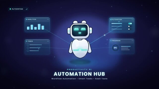 Productivity AI automation hub robot with workflow panels completing smart tasks and analytics